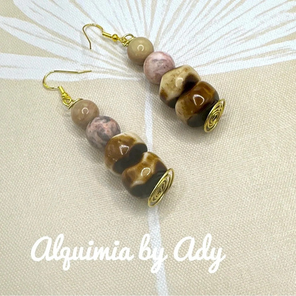 Rhodonite gold acrylic statement oversized big dangle vintage earrings - Picture 2 of 6